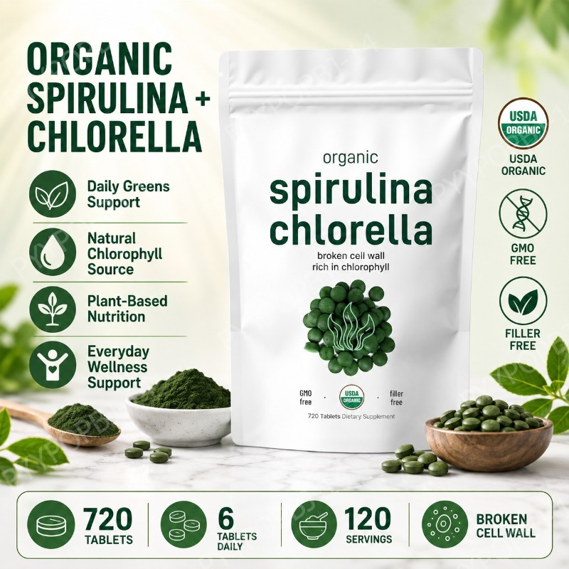 Spirulina Tablet Organic - เม็ดสไปรูลิน่า คลอเรลลา ออร์แกนิก อาหารเสริมสีเขียวประจำวัน บำรุงร่างกายด้วยสารอาหารจากพืช ผนังเซลล์แตก